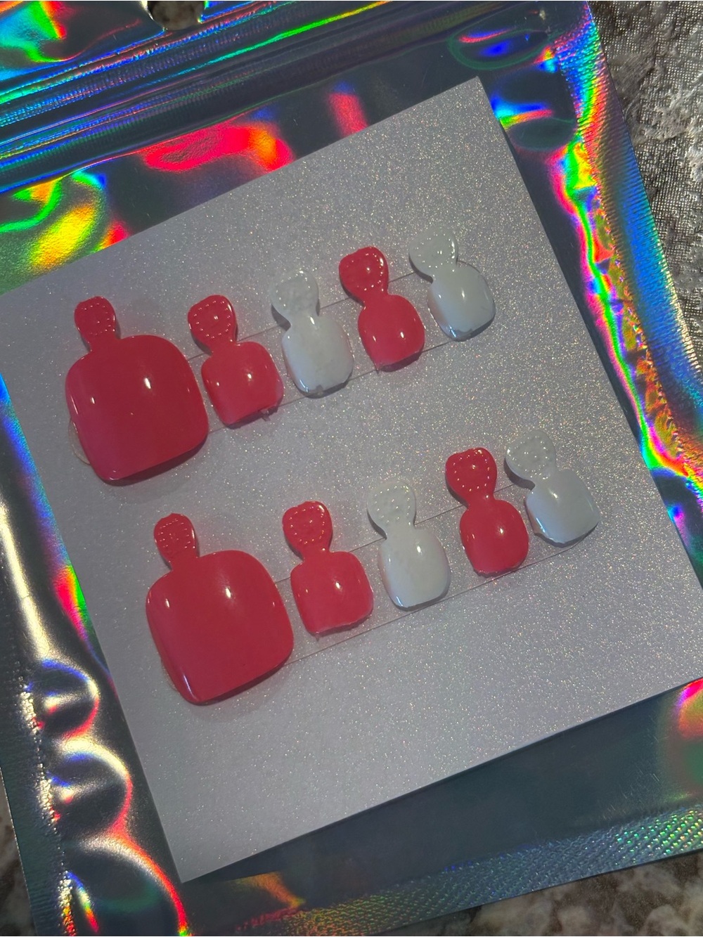 Red and White Press-On Toenail Set